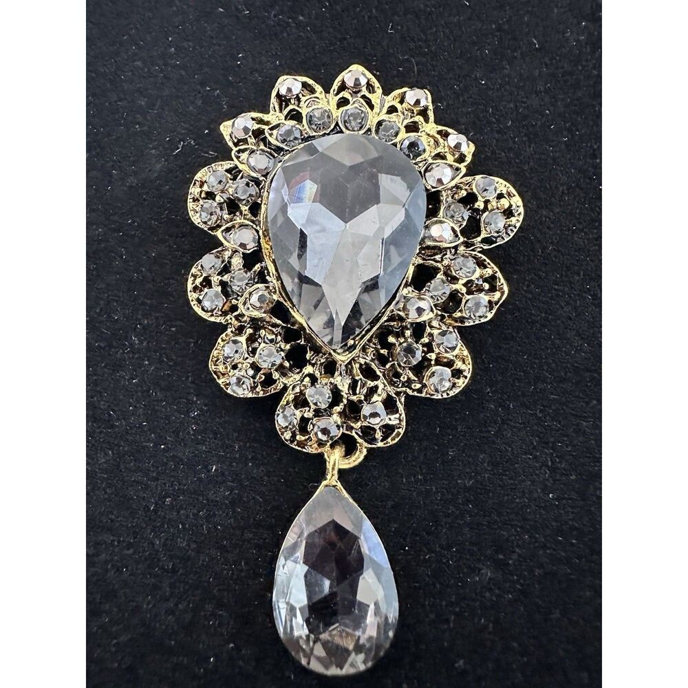 Vintage Style Dangle Brooch Black Crystal Rhinestones Elegant Wedding Party